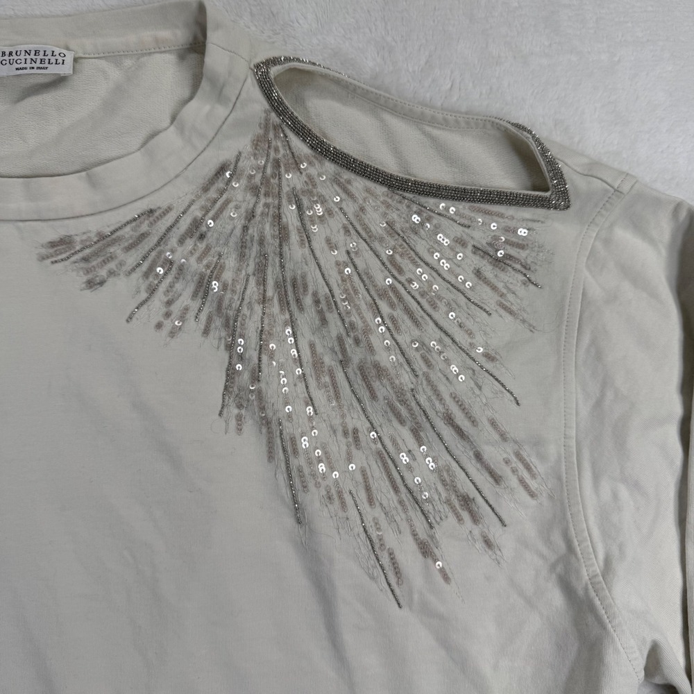 Brunello Cucinelli Monili Sequin Embellished Cold Shoulder Sweatshirt Ivory M‎
